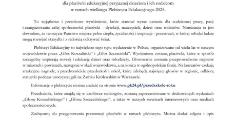 Nagroda nominacji dla placówki edukacyjnej przyjaznej dzieciom i ich rodzicom w ramach wielkiego Plebiscytu Edukacyjnego 2025